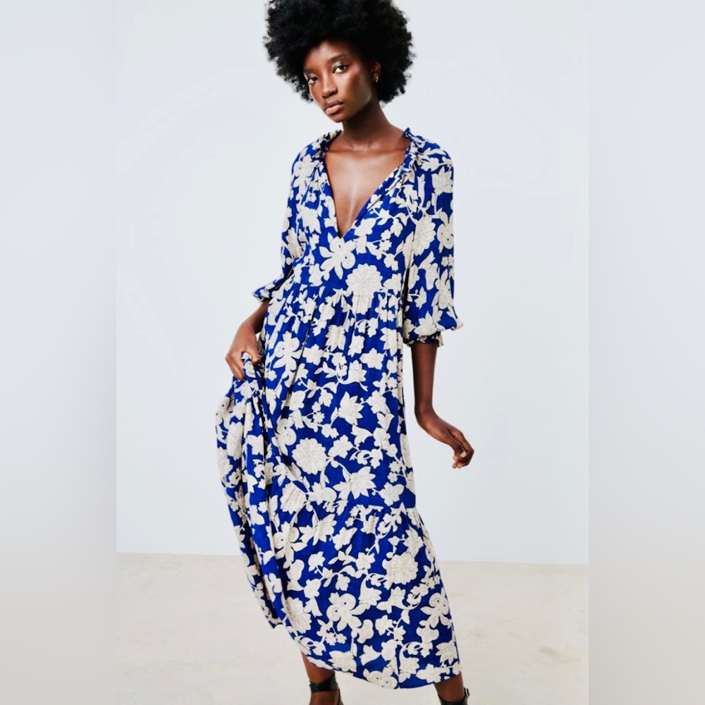 ZARA Oversized Floral Maxi Dress in Cobalt. Size Small. EUC